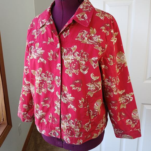 Sag Harbor Sport Light Jacket Red Gold Roses XL cotton floral chambray retro - Picture 1 of 12
